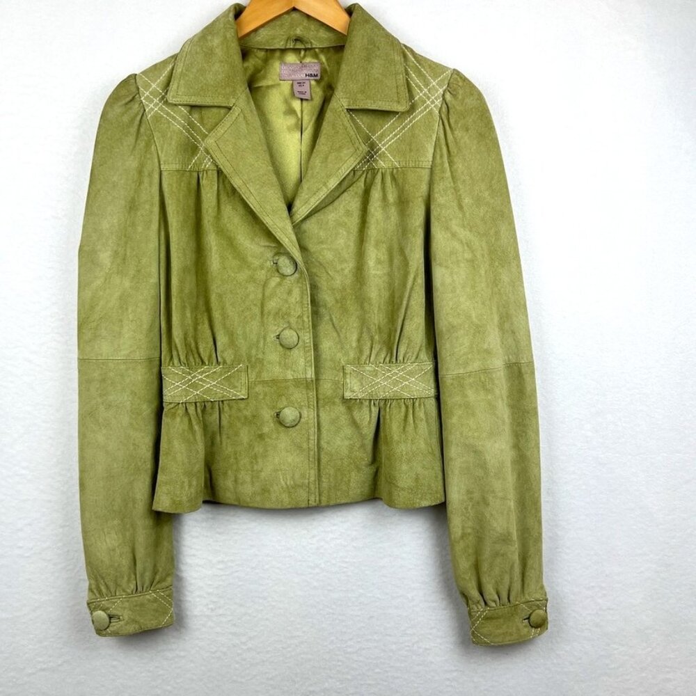 H&M Women's Green Suede Leather Button Blazer Jacket Size: 4